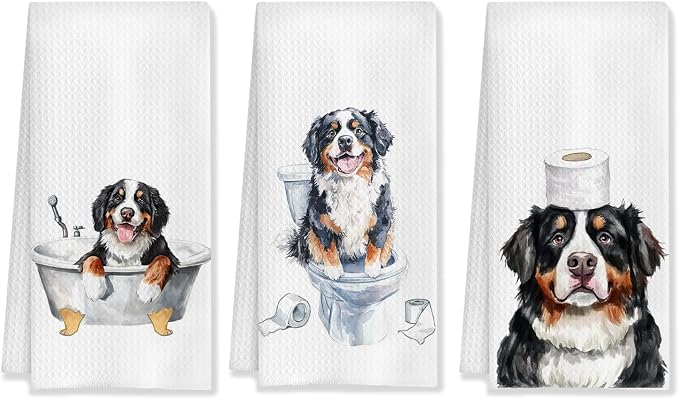 Funny Bernese Mountain Dog Bathroom Hand Towels Set of 3, Bernese Mountain Dog Gifts, 16x24 Inch Cotton Kitchen Cloths