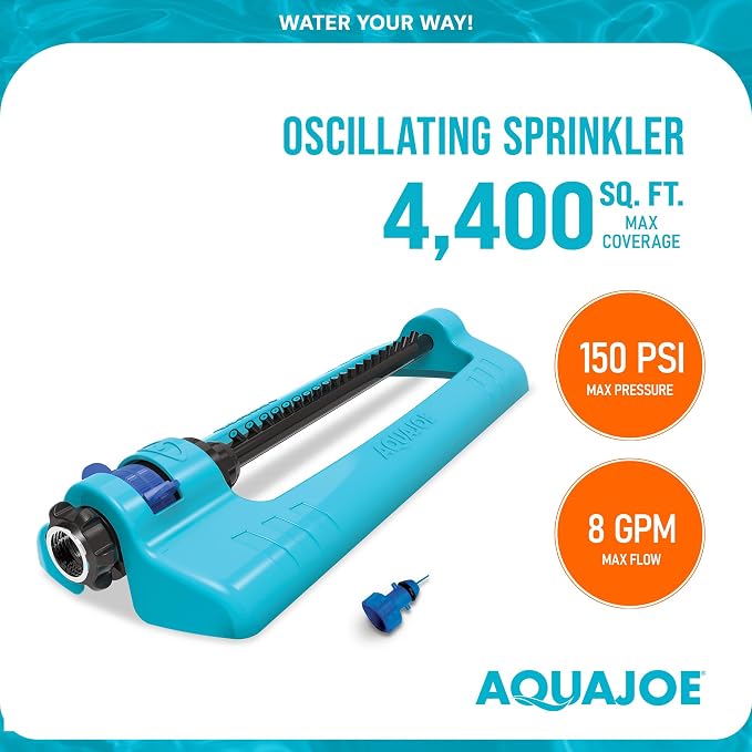 Aqua Joe Multi-Function Hose Nozzle with Smart Throttle and 7 Sprayer Patterns Bundled with Oscillating Sprinkler with Adjustable Spray