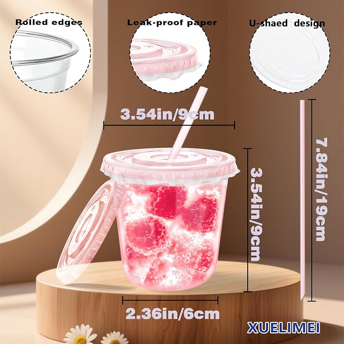 12oz Disposable Stemless Glasses with Flat Lids and Straws,PET Disposable Drinking Cups,Clear Plastic Wine Glasses for Parties Birthday,Wedding,Meeting,Christmas Party Supplies. (100, Pink)