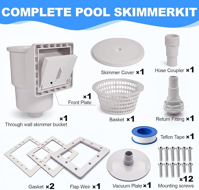 Pool Skimmer for Above Ground Pool, Through Wall Above Ground Pool Skimmer Set, Replacement Above-Ground Pool Skimmer (Compatible with SP1091LX) Suitable for Leaves, Hair, Insects and Debris