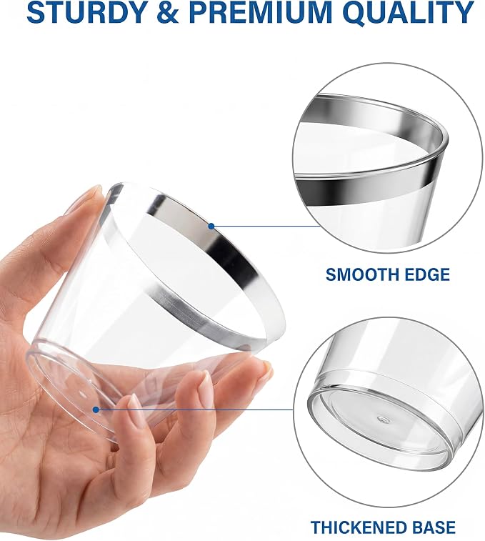 Nervure 120PCS Silver Plastic Cups - 9Oz Silver Rimmed Plastic Cups - Heavy Duty Plastic Cup with Silver Rim Perfect for Weddings, Receptions & Parties