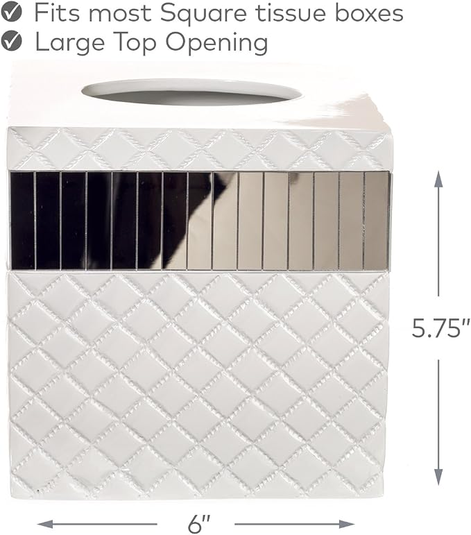 Quilted Mirror White Square Resin Tissue Box Cover with Bottom Slider