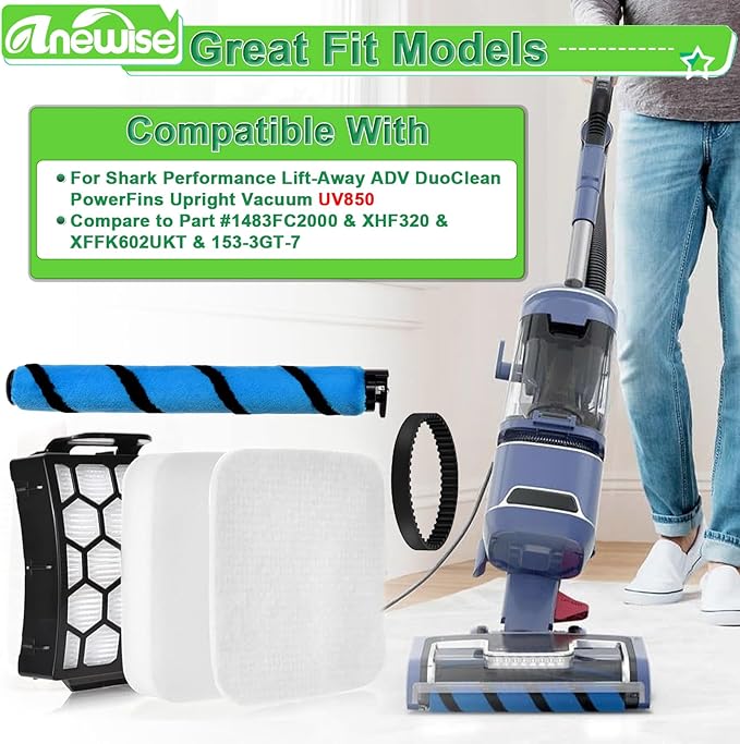 Anewise Filter Brush Belt Replacement Parts for Shark UV850 Performance Lift-Away ADV DuoClean PowerFins Upright Vacuum, 1 Brush Roll+2 HEPA +4 Filters+2 Belts, Part #1483FC2000 & XHF320 & XFFK602UKT