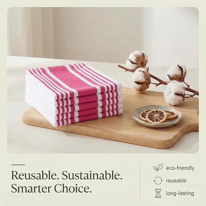 Urban Villa Kitchen Towels 100% Cotton Dish Towels for Kitchen(Set of 6)20”x30” Dish Cloths Highly Absorbent Kitchen Linen Set with Hanging Loop Perfect for Drying Dishes Cleaning Towels-Fuchsia White
