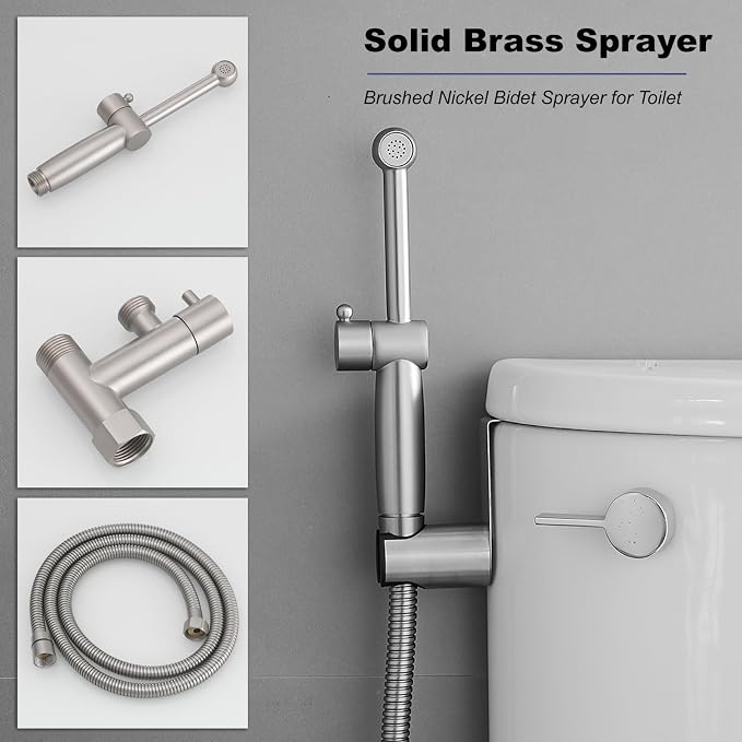 Brushed Nickel Bidet Sprayer Set, Handheld Bidet Taps Attachment for Toilet with Adjustable Water Pressure, Solid Brass Bidet Attachment Set