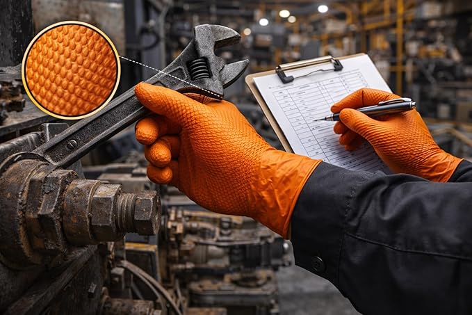 AroCare 8 Mil Orange Nitrile Gloves,3D Raised Diamond Texture-Latex & Powder Free-Industrial, Mechanic