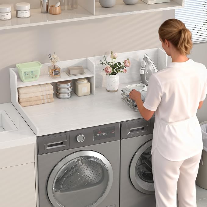 Washer Dryer Countertop - 2-Tier Wood 54" x 27.5" Laundry Topper with Safety Guard & Non-Slip Pads, Over the Washer Dryer Folding Shelf for Maximum Space Saving (White)