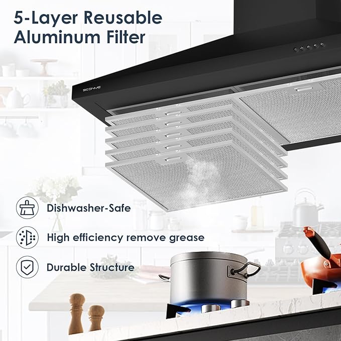 30 Inch Wall Mount Range Hood Ducted/Ductless Convertible Kitchen Exhaust Hood with 450 CFM Motor, 3 Speed Fan, LED Lighting and Dishwasher Safe Filters, Matte Black Painted Finish