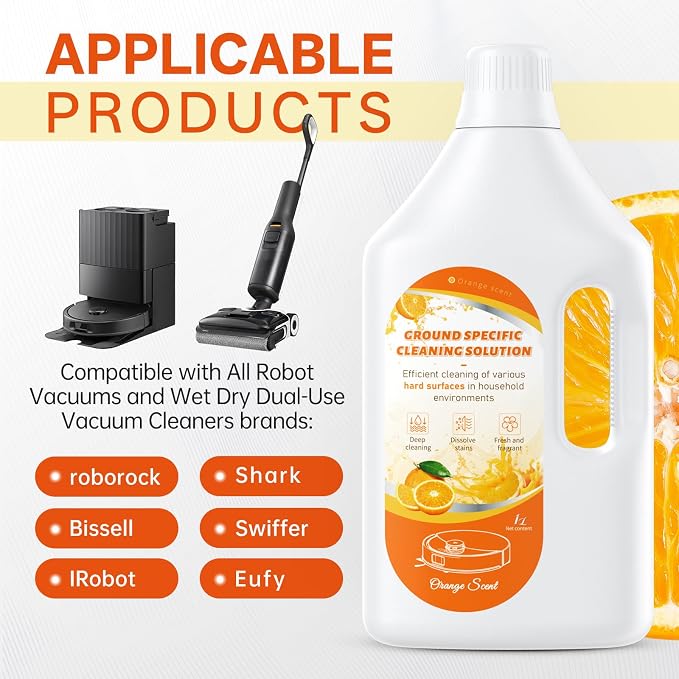 1 L Floor Cleaning Solution Orange Scent, Compatible with Roborock/Shark/Bissell/Swiffer/IRobot/Eufy Quick Drying Without Residue Suitable for All Robot Vacuums and Wet Dry Dual-Use Vacuum Cleaners