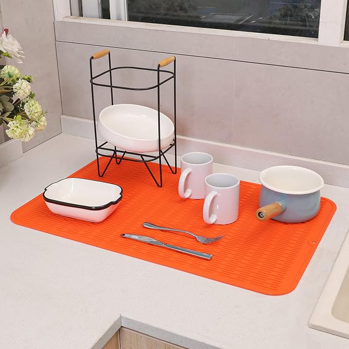 MicoYang Silicone Dish Drying Mat for Multiple Usage,Easy clean,Eco-friendly,Heat-resistant Silicone Mat for Kitchen Counter or Sink,Refrigerator or Drawer Liner Orange 3XL 28 inches x 18 inches