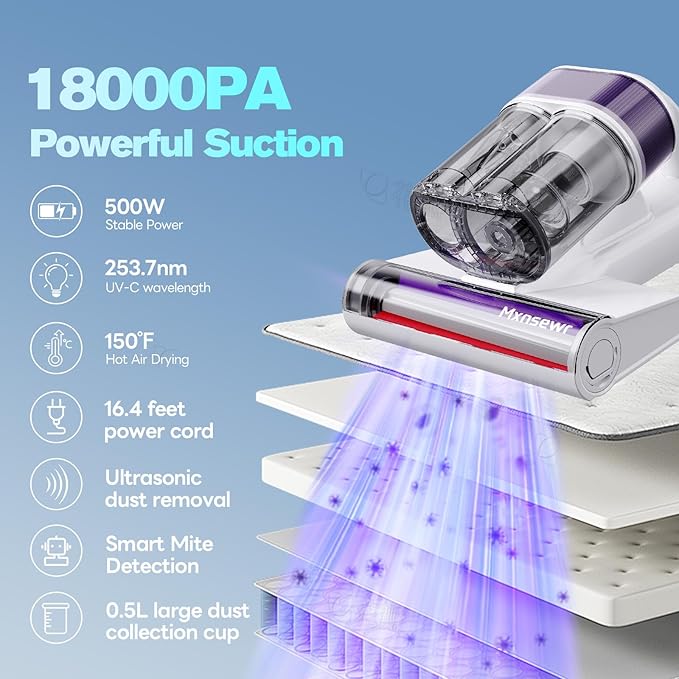 Mxnsewr Mattress Vacuum Cleaner, Ultrasonic Bed Vacuum Cleaner with 18Kpa Strong Suction, 150°F Heat & 253.7nm UV-C Light, Intelligent Dual Cup, One-Click Dust Removal for Bed, Sofa, Carpet, White