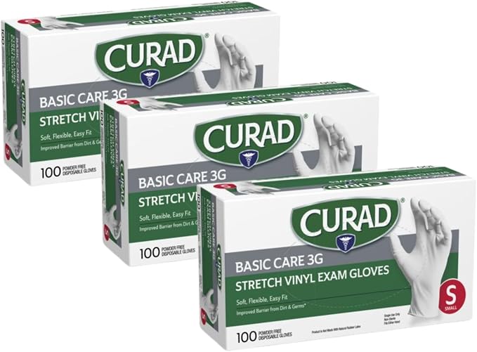 Curad Basic Care 3G Stretch Vinyl Exam Gloves, Powder Free, Small, 100 Count (Pack of 3)