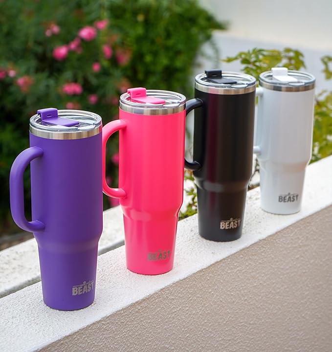 50oz Tumbler with Handle and Straw - Large Insulated Travel Mug for Water, Hot and Iced Coffee - Leak Resistant Stainless Steel Insulated Tumbler with Lid - Gifts for Mom, Women and Men (Matte Black)