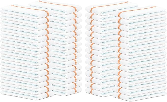 Bar Mops Gold Stripe Pack of 60 Kitchen Towels 16x19 Multi-Purpose for Home, Restaurant and Cleaning White Absorbent Washcloth Dishcloths Sets, Reusable Dish, Cloths Rags