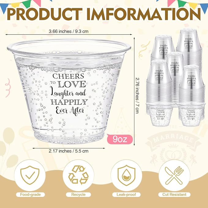 LemonRoad 100 Pack Wedding Cups 9 oz Cheers to Love Disposable Clear Plastic Cocktail Cups Hot Cold Beverage Drinks for Guests, Wedding Reception Bridal Shower Decorations Party Favors