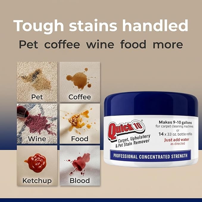 Quick 10 Carpet & Upholstery Cleaner Concentrate Refill Jar - Professional Strength Stain Remover for Pet Odors, Coffee, Wine, Food & Blood – Safe for Fabric, Leather, Walls & Vinyl