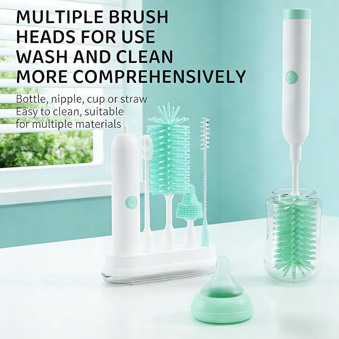 Rechargeable Electric Bottle Brush with Stand - 360° Spin Silicone Cleaner for Baby Bottles, Breast Pumps & Small Household Containers (Light Green)