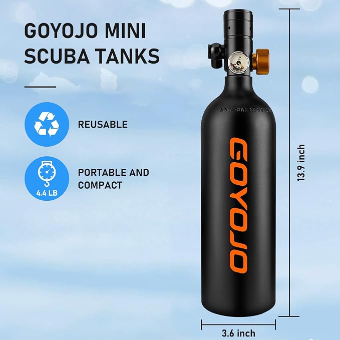 GOYOJO Mini Scuba Tank, Portable Diving Lung Air Tank with DOT Certified, Refillable Emergency Backup Pony Bottle for Snorkeling, Underwater Breathing, Training