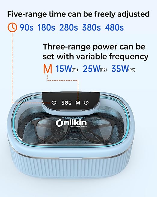 45KHz Ultrasonic Jewelry Cleaner, 5 Timer & 3 Power Modes, 35W Retainer Cleaner for Jewelry, Eyeglasses, Rings, Watch Strap, Dentures - Quiet <38dB, 20oz, 304 Stainless Steel Tank(Blue)