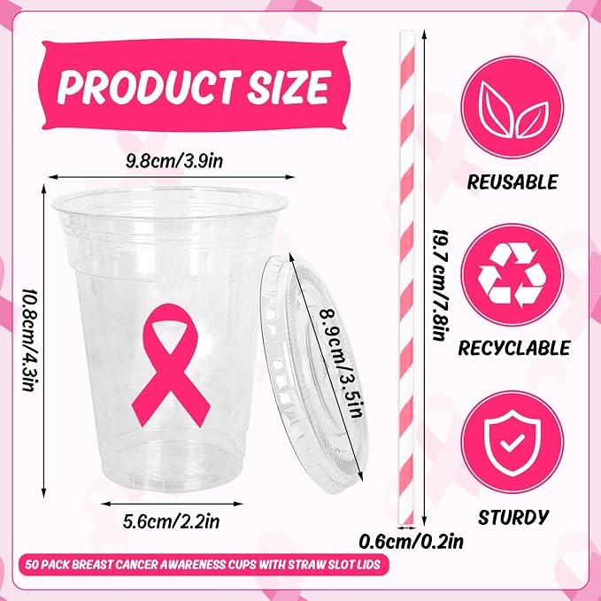 Whaline 50Pcs Breast Cancer Awareness Disposable Plastic Cups with Lids and Straws 12 Oz Pink Ribbon Cold Beverage Drinking Cups for Charity Event Women Party Supplies