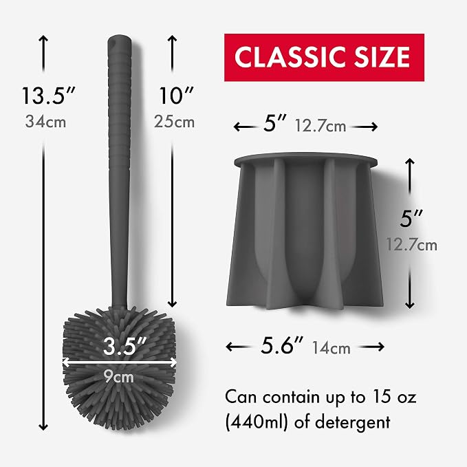 Tyroler Bright Tools Toilet Brush Set Made of 100% Silicone, Anti-Stick Effect Bristle Toilet Bowl Brush and Holder Fit All Toilets & Bathrooms (Gray)