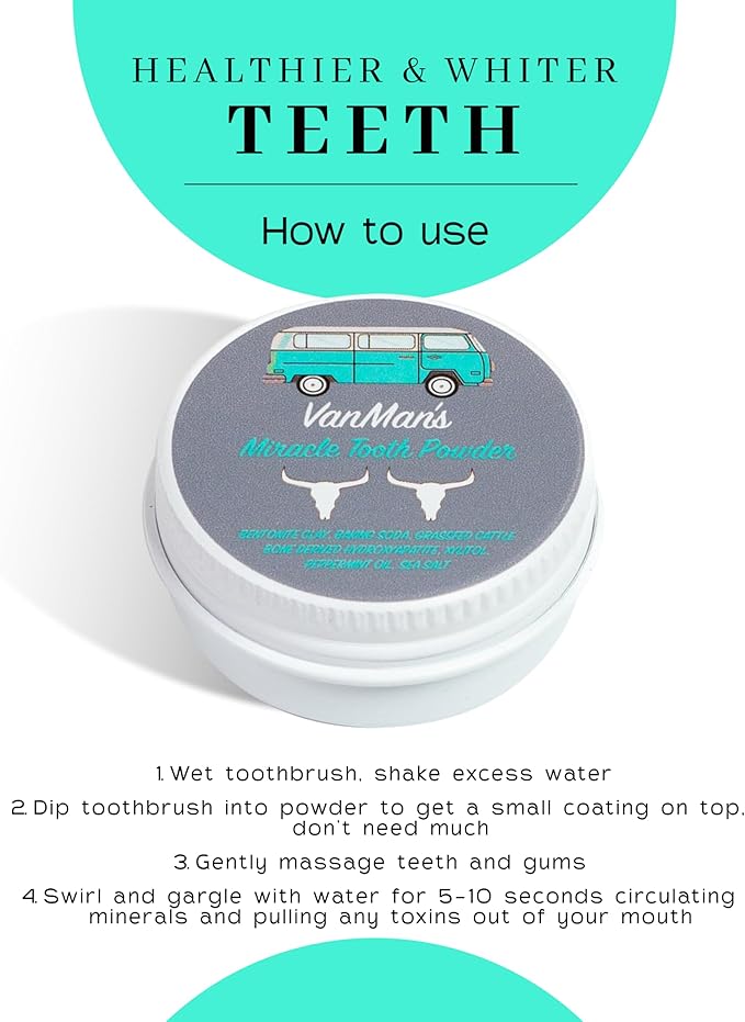 Vanman’s - Tiny Mint and Bone Tooth Powder Toothpaste - Flouride-Free Whitening Tooth Powder with Cattle Bone Derived Hydroxyapatite, Bentonite Clay, Peppermint Oil - Remineralizing - 0.25 oz