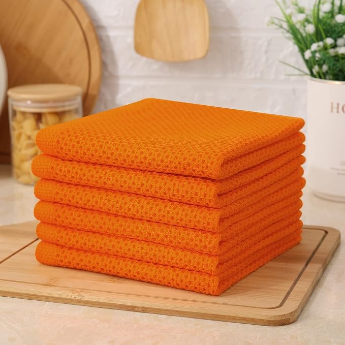 Kitinjoy 100% Cotton Kitchen Dish Cloths (12 X 12 Inches, Orange), 6 Pack Waffle Weave Ultra Soft Absorbent Dish Towels for Drying Dishes Quick Drying Kitchen Towels Dish Rags