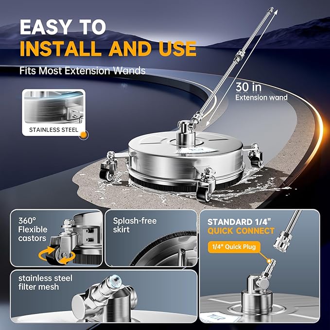 TOR 14" Stainless Steel Pressure Washer Surface Cleaner with 4 Caster Wheels, 4000 PSI, 2 Extension Wands & Nozzles, Power Washer Surface Cleaner for Concrete, Driveway, Patio, 1/4" Quick Connect