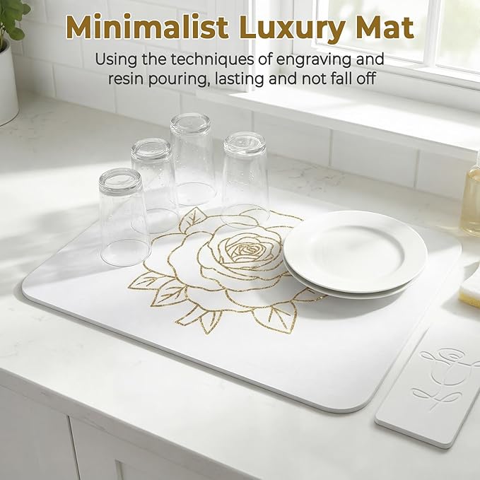 Stone Dish Drying Mat for Kitchen Counter, Glittery Resin Rose Pattern Quick Drying Mat, Water Absorbing Diatomaceous Pad for Plate Bottle Utensil Rack,Space Saving (Gold & White, 16"×12")