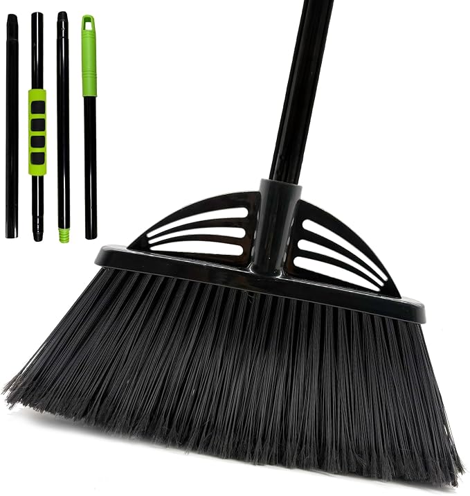 Four-Section Rod Long-Handled Broom,Heavy-Duty Broom, Angle Broom for Outdoor/Indoor（Black+Green4）