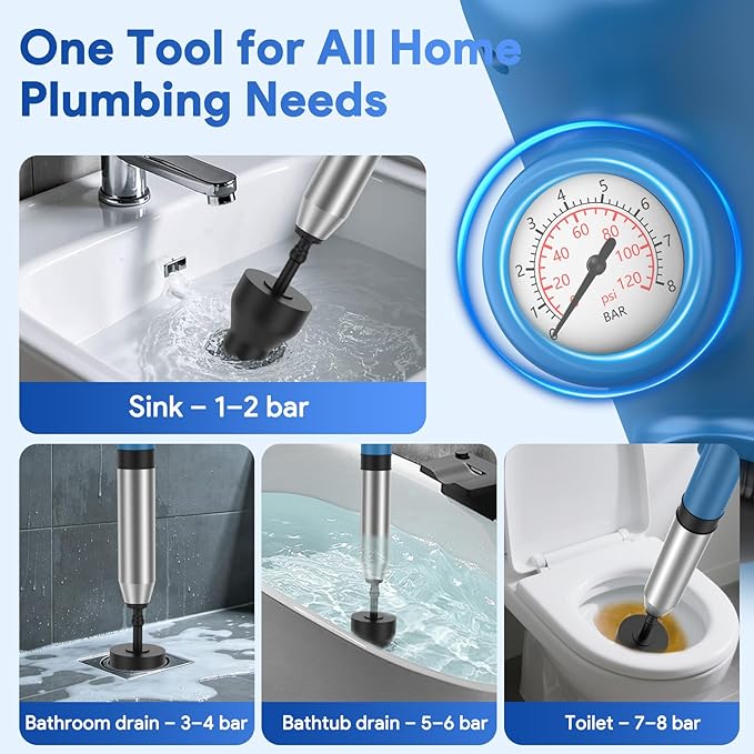 Granarbol High Pressure Toilet Plunger, Air Drain Blaster with Real-Time Gauge,Heavy Duty Toilet Auger & Drain Snake-Clog Remover for Toilets, Sinks, Floor Drains (Blue)