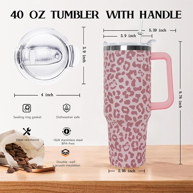 Ceovfoi 40oz Pink Leopard Print Insulated Tumbler with Handle, Travel Coffee Mug with Lid Straw, Trendy Y2K Animal Print Decor & Fashion Gift