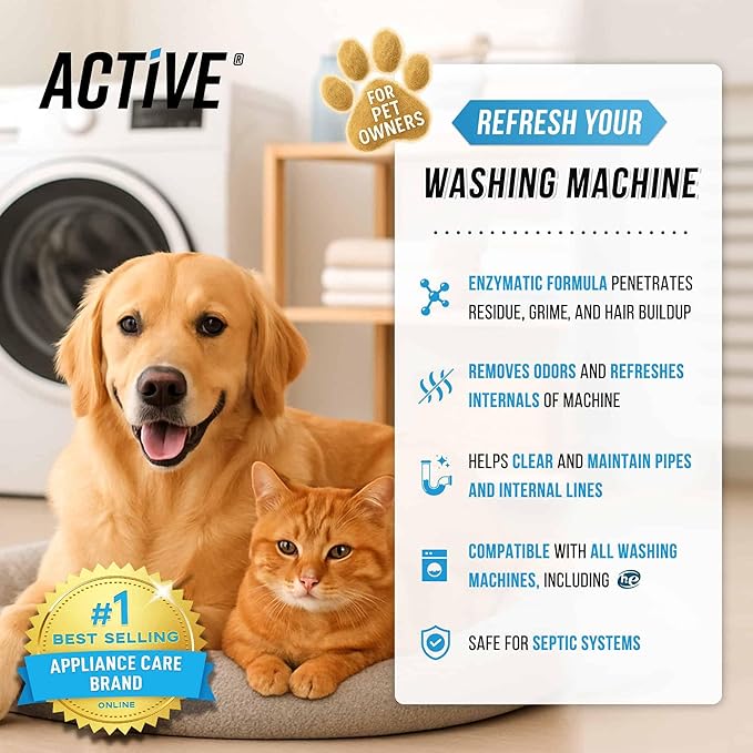 ACTIVE Washing Machine Cleaner for Pet Owners and Pet Odor & Stain Eliminator - Includes 24ct Pet Washer Cleaner and 32oz Enzyme Pet Stain Deodorizer Spray