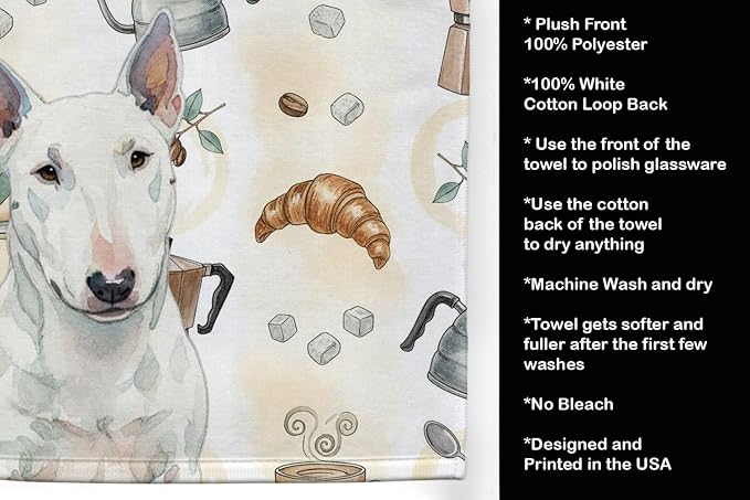 Caroline's Treasures White Miniature Bull Terrier Coffee Bar Kitchen Towel Velour Plush Front and Cotton Loop Back Machine Washable