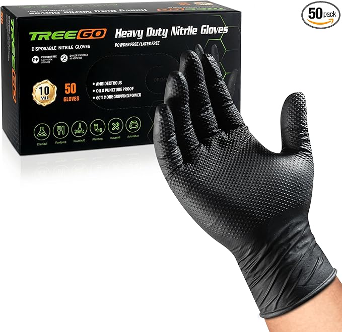 TREEGO 10 Mil Nitrile Gloves Large - Disposable Heavy Duty Rubber Gloves, Raised Diamond Texture Mechanic Gloves, Latex Free Industrial Work Gloves for Garage & Tools, 50 Count