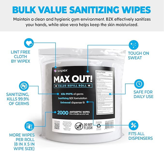 Wipex Max Out Sanitizing Wipes for Gyms - 2000 Wipes Economy Size Refill Rolls for Dispensers, 5"x8" - Ideal for High Volume Commercial Wellness Centers, Schools, Public Facilities & Studios