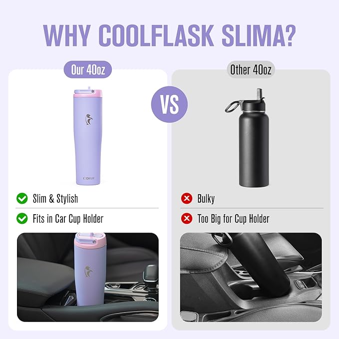Coolflask Water Bottle 40 oz Fits Car Cup Holder, Slim Tumbler Stainless Steel with Straw & Handle, Vacuum Flask Leakproof Wide Mouth for Travel Sports Gym, Lavender
