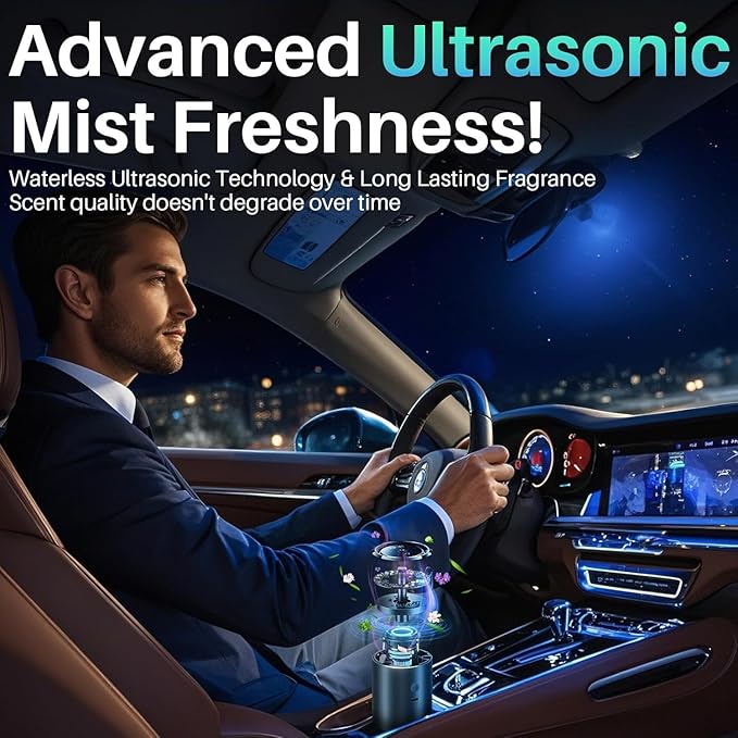 Smart Car Air Freshener, Car Air Freshener Diffuser with 100ml Perfume, Long Lasting Lasts 6 Months, RGB Music Syncing Light, Auto On/Off, 5 Adjustable Rechargeable Aroma Diffuser, New Car Smell