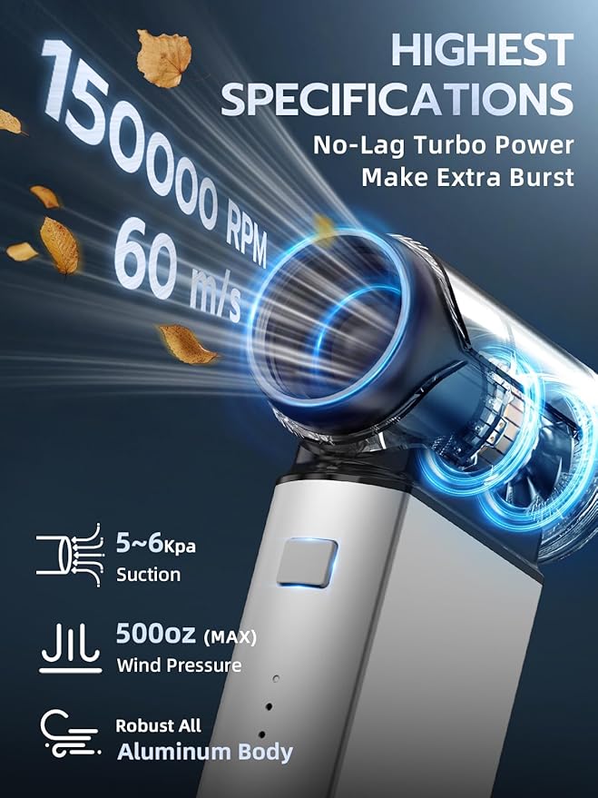 Smiling Shark Compressed Air Duster, J02 Super Power 150000RPM Aluminum Electric Air Duster with Mini Vacuum Cleaner, 2 Modes (Normal&Storm) Adjustable Dust Blower for PC/Outdoor/House/Car
