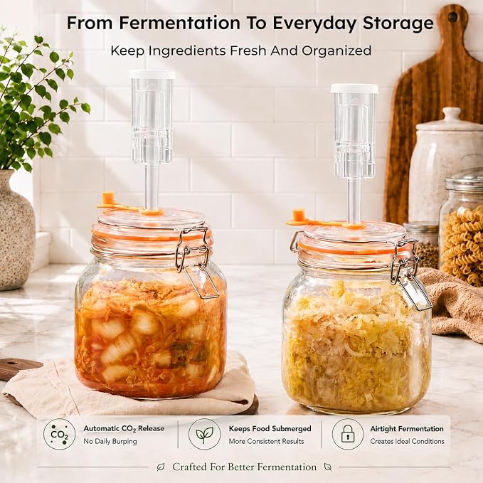 1L Wide Mouth Fermentation Jars, Pack of 2 Complete Fermenting Kit with Airlocks & Glass Weights for Sauerkraut, Kimchi & Pickles