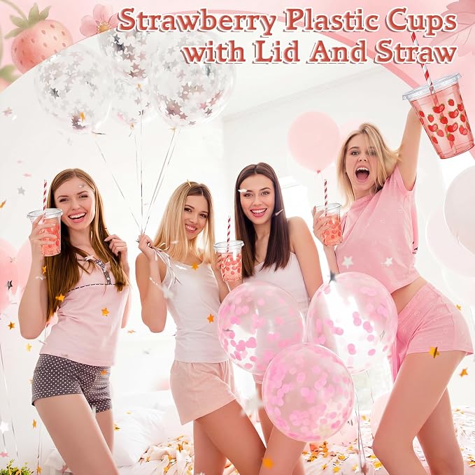 Domensi 25 Sets Strawberry Themed Plastic Cups with Lids and Paper Straws 12oz Red Disposable Drinking Cups Bulk for Cold Drinks Baby Shower Wedding Picnic Summer Theme Birthday Party Supplies