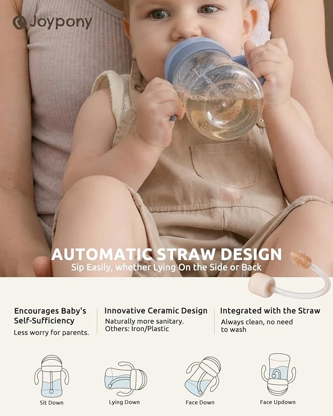 Joypony Sippy Cups for Toddlers 1-3, Spill Proof Weighted Straw Cup with Handle for Baby 6 Months + old, 2 Silicone Straws, PPSU, BPA Free, 9 oz (Blue)