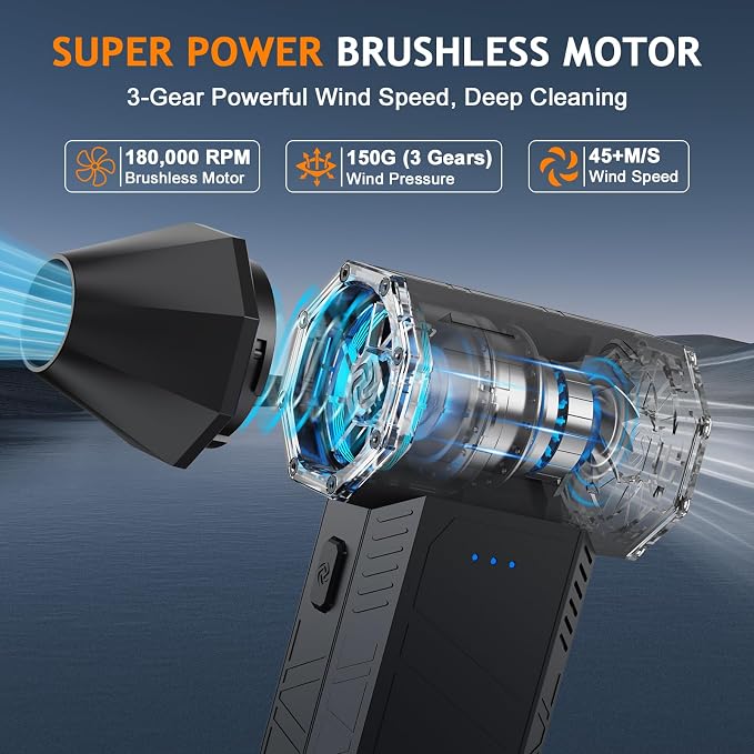 Compressed Air Duster - 180000RPM Powerful Electric Air Duster, 3 Gear Adjustable Cordless Air Blower, Rechargeable Dust Cleaner for Keyboard, Computer, Home, Outdoor, Car