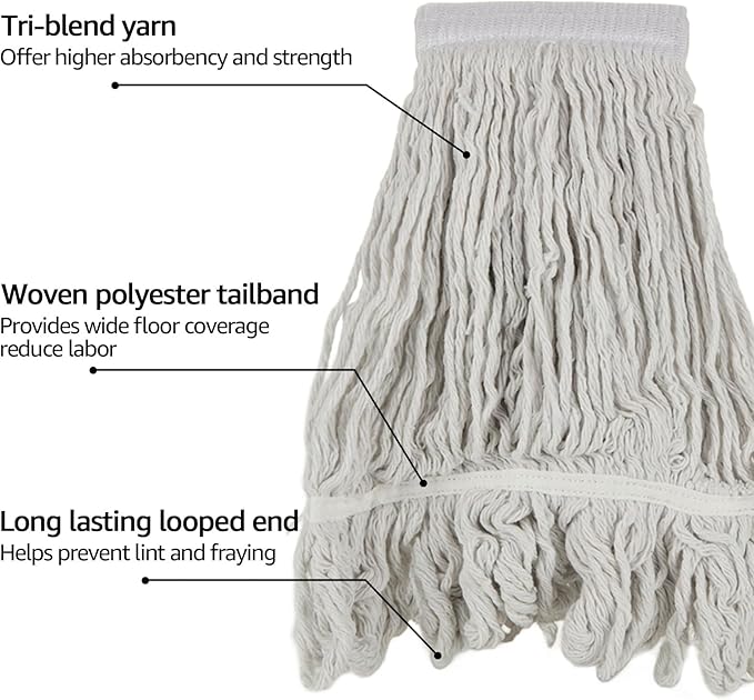 10Pcs Commercial String Mop Head, Loop-End Mop Head Replacement, Heavy Duty Mop Head Refills, Cotton Looped End Wet Cleaning Mop Refill for Floor Cleaning, Home, Industrial and Commercial Use (White)