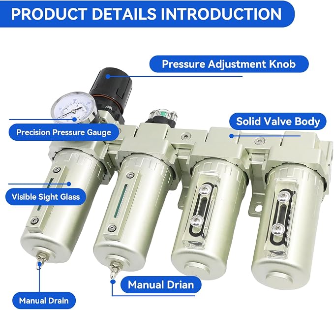 4 Stage 3/4" Air-Dryer-for-Compressor for Plasma Cutter and Paint Spray | 2Filter&2Dryer NPT Industrial Grade Air-Compressor-Water-Separator-System Manual Drain