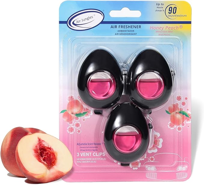 Air Jungles Honey Peach Scent Car Air Freshener Bundle – 3-in-1 Odor Eliminator Balls (6 Count), Vent Clip (3 Count), and Car Clip Pack (6 Count) – Long-Lasting Freshness for Cars, Closets, Gym Bags