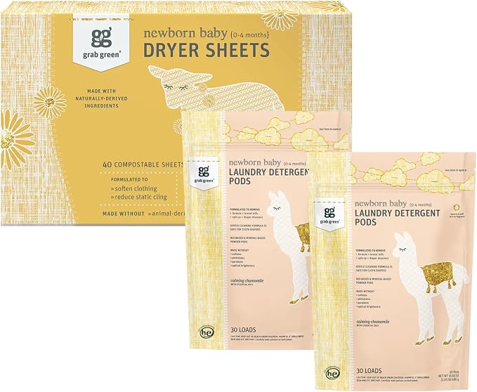 Grab Green Baby Laundry Bundle - Baby Laundry Detergent Pods (60 Count) and Baby Dryer Sheets (40 Count), Chamomile Scent, 2-Piece Set