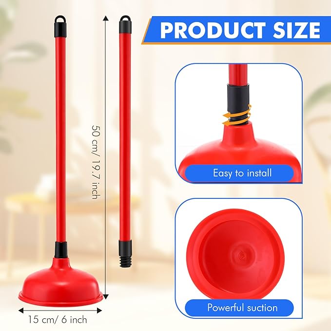 Reallnaive 12 Pack Toilet Plungers Bulk with 19.7 Inch Long Handle Force Suction Cup Rubber Plunger for Bathroom to Fix Clogged Toilets Drains (Red)