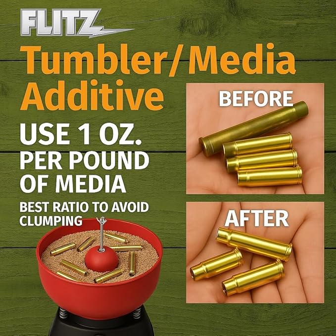 Flitz Tumbler Media Additive - 7.6oz Bottle of USA-Made Brass Cleaner Reloading Liquid for Ammo, Copper, & All Metals - Ammonia-Free Tumbling Polish to Remove Oxidation, Powder Residue (1 Pack)