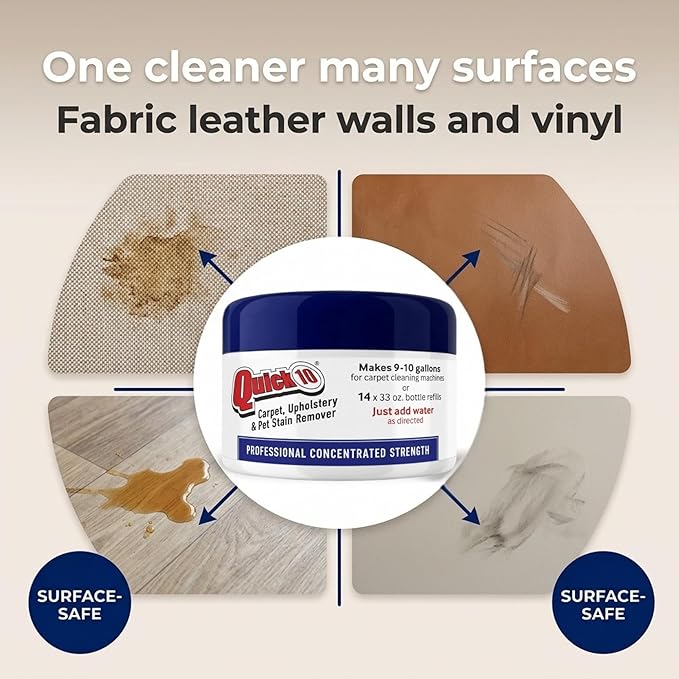 Quick 10 Carpet & Upholstery Cleaner Concentrate Refill Jar - Professional Strength Stain Remover for Pet Odors, Coffee, Wine, Food & Blood – Safe for Fabric, Leather, Walls & Vinyl
